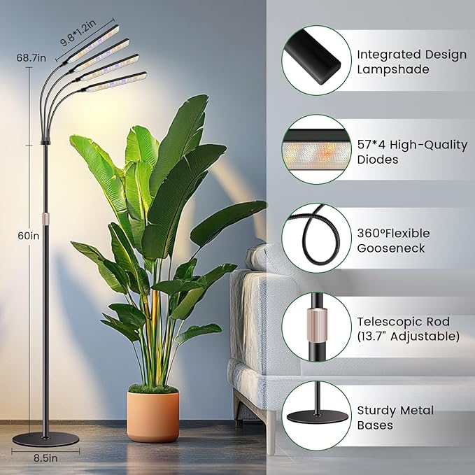 Grow Lights for Indoor Plants with Stand 4-Heads Full Specturm Plant Grow Light with 4/8/12/16H Timer 3 Color Modes 360° Flexible Gooseneck 24-68.7in Hight Adjustable Grow Lamp Black