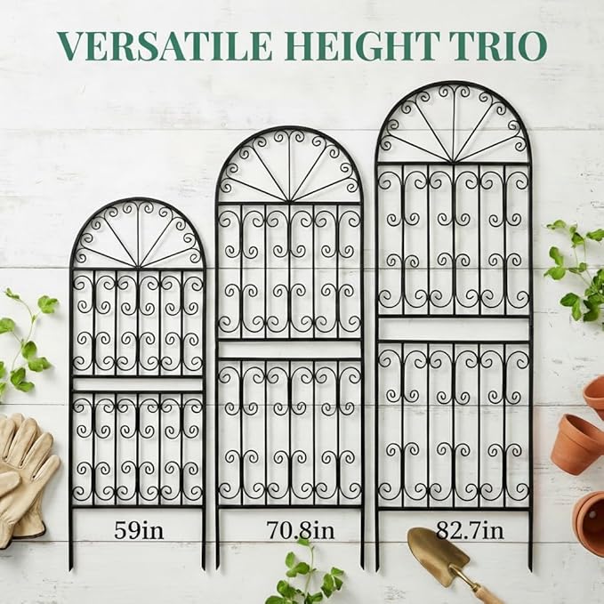 SCENDOR 1 Pack 82.7 H x 26.7 W Extra Tall Arched Metal Garden Trellis - Heavy-Duty Black Iron Scrollwork Fence for Climbing Vines Roses and Ivy - Decorative Privacy Screen for Patio and Backyard