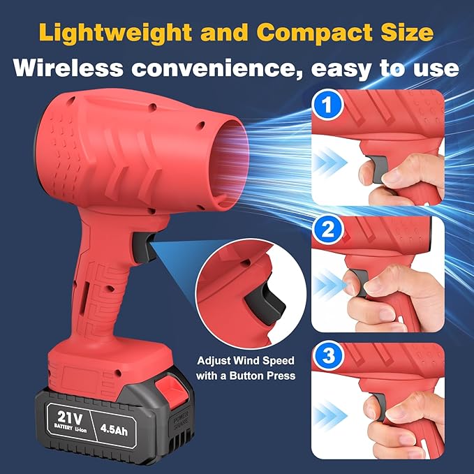 Electric Mini Leaf Blower Powered Handheld Blower Leaf Adjustable Wind Speed Cordless 21V Battery Blower with 2 Rechargeable Batteries and Charger Toolbox for Yard Leaf &amp Snow Removal(Red)