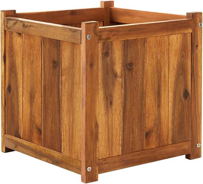Idzo Acacia Wood Flower Planter Box for Outdoor Plants 1pc Wooden Raised Garden Bed with Handles Drainage Holes Ideal for Garden and Home Décor Light Cherry
