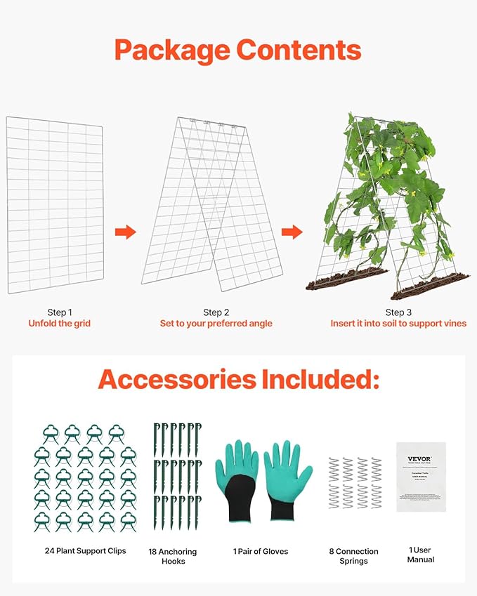 VEVOR Cucumber Trellis for Climbing Plants 35 H x 55 W Foldable Cucumber Trellis Set with Plant Clips Metal Garden Trellis for Raised Bed Outdoor Plant Grow Support for Tomato Vegetable(2 Pack)