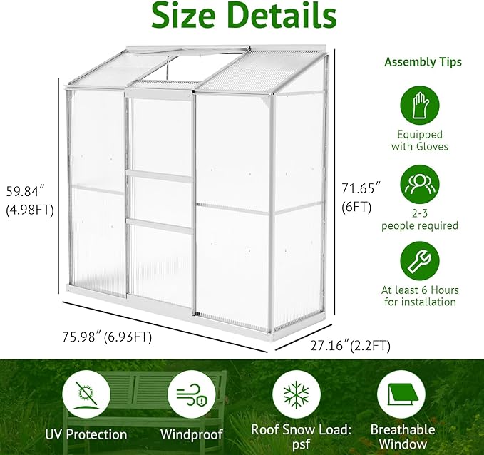 6x2ft Lean-to Polycarbonate Greenhouse Small Walk-in Greenhouse with Adjustable Roof Vent Rain Gutter and Sliding Door Outdoor Green House for Terrace Backyard Sliver