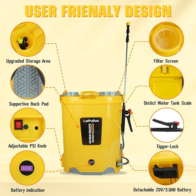 Battery Powered Backpack Sprayer 5.3 Gallon100 PSI Electric Garden Sprayer Compatible with DeWalt 20V Battery Weed Lawn Sprayer with Telescopic Wand 4 Nozzles 3.0 Ah Battery &amp Charger Included