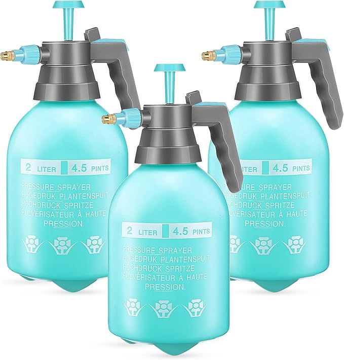 Nuogo 3 Pcs Handheld Pump Sprayer 2L Manual Garden Pressure Sprayer Pump Spray Bottle with Adjustable Brass Nozzle for Lawn Plants Weeds Spraying Watering(Blue)