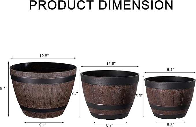 VECELO Plant Pots with Drainage Holes &amp Saucer 9/11.3/13 Inch Flower Pots with Tray 3 Pack Plastic Whiskey Barrel Planters for Indoor &amp Outdoor Garden Home Plants and Flowers