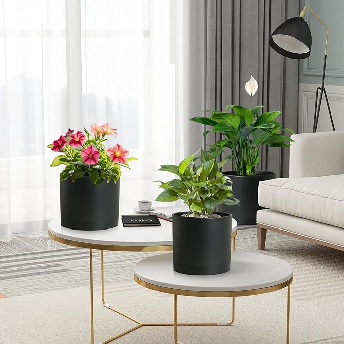 Large Plant Pots Set of 3 – 8 9 10 Indoor Flower Pots with Drainage Holes and Saucers Big Planters for Monstera Fiddle Leaf Fig Snake Plant – 5 Colors