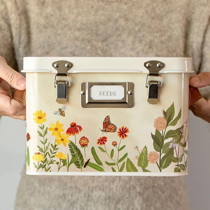 1Canoe2 Wildflower Botanicals Tin Seed Organizer Storage Box Garden Seed Packet Vault Container Gardening Supplies Greenhouse Accessories Gardening Gifts for Women