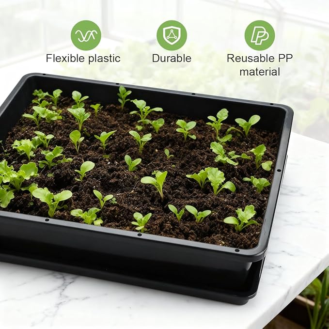 5 Pack Soil Blocking Trays(14x12x3) Plastic Flat Plant Tray for Holding or Collecting Drainage Water Elevated Microgreen Seed Starter Tray for Seed Germination (Black)