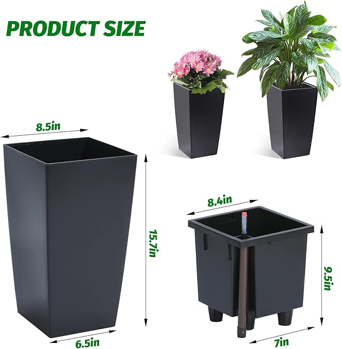 GarveeLife 16 in Tall Planters Set of 2 Outdoor＆Indoor Black Planter Pots High Front Porch Planter Pots with Drainage Holes＆Water Level Monitor＆Inner Bucket Automatic WateringBlack