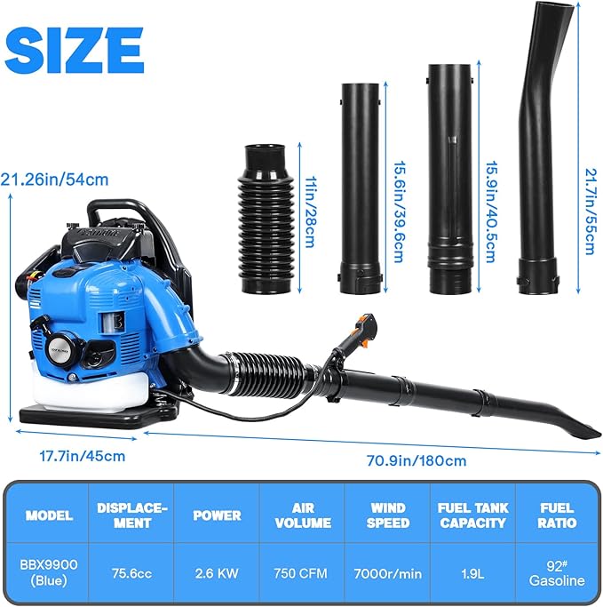 High Power Backpack Leaf Blower52cc Backpack Leaf Blowers Gas Powered550 CFM 2 Stroke with 1.2L Fuel TankAir Cooling Gasoline Grass Blowers for Sand Gravel Snow Yard and Driveway (Blue（75.6 CC）)