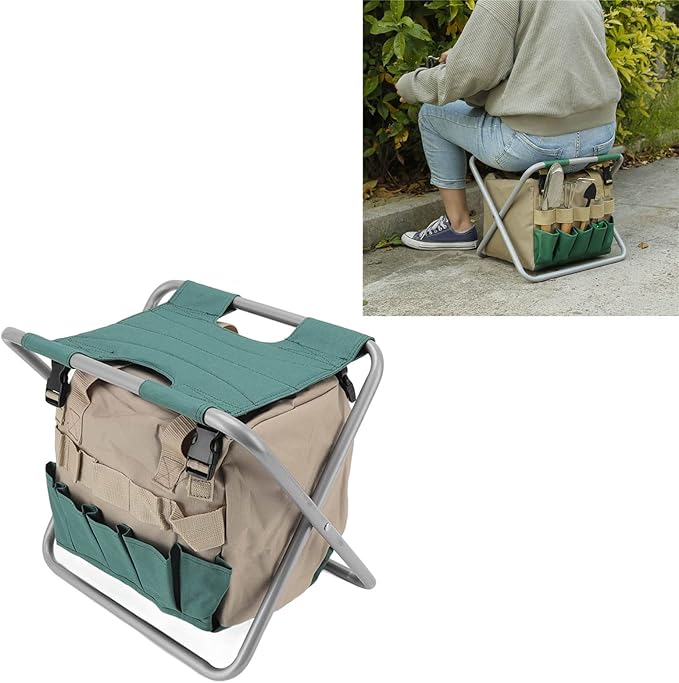 Garden Folding Stool Foldable Multipurpose Large Capacity Chair with Tools Storage Bag for Greenhouse Fishing Camping Travel