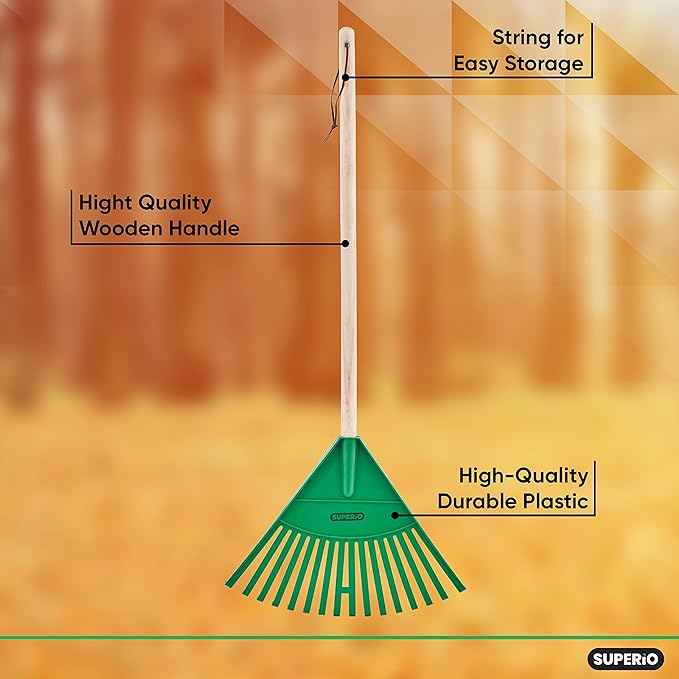 Child-Size Leaf Collector &amp Rake Set – Garden Leaf Scoops and Lawn Cleaning Tools for Kids Includes 1 Rake and 1 Pair of Leaf Grabbers Green Plastic – by Superio