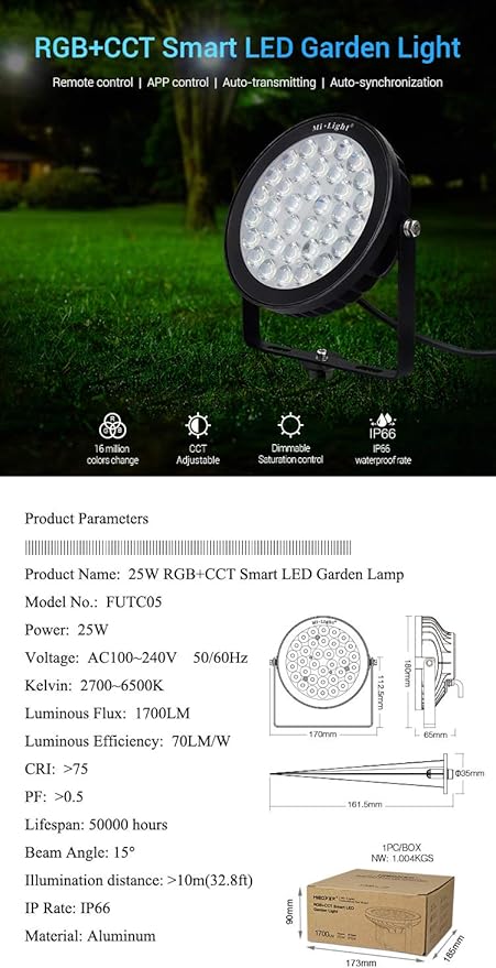 LGIDTECH FUTC05 25W RGB+CCT Outdoor LED Landscape Garden Spotlight AC100-240V Million Colors ChangingColor Temperature AdjustableMemory Function.RemoteWall PanelHub is Sold Separately