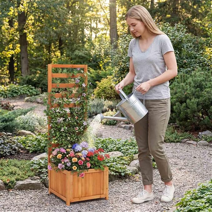 2-in-1 Wooden Raised Garden Bed with Trellis 48 Vertical Planter Box for Climbing Plants Vegetables &amp Flowers Outdoor Wood Privacy Screen for Patio Balcony &amp Backyard Natural Fir Wood