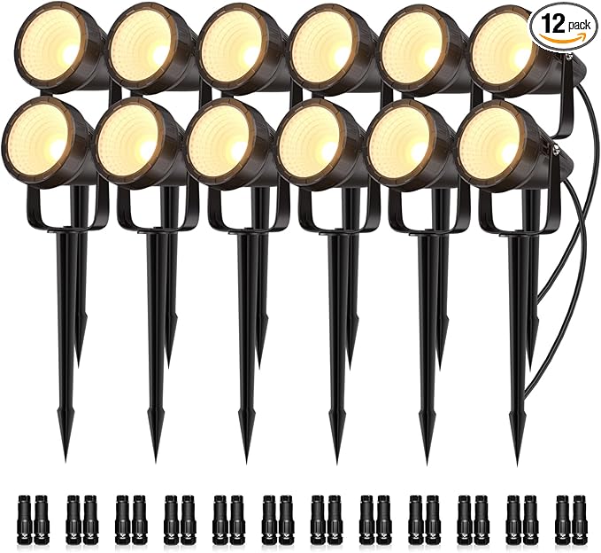 Outdoor Landscape Lighting - 12Pack Outdoor Spot Lights with Connectors &amp Transformer for Yard Plant Lawn Tree Flags House Garden Fence - 7W Warm Yellow 3000K Spotlights with IP65 Waterproof