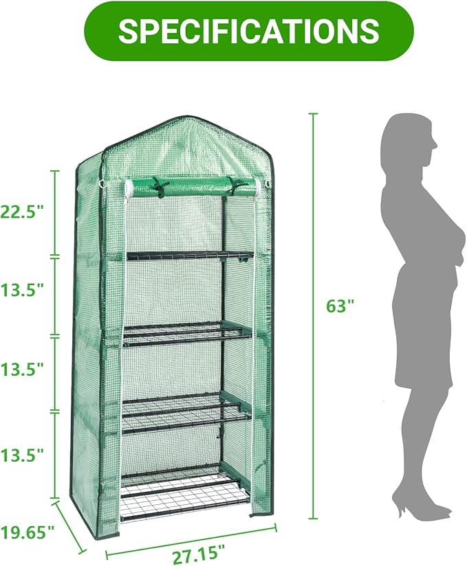 4-Tier Mini Greenhouse Indoor Outdoor with PE Cover and Roll-Up Zipper Door Portable Waterproof Cloth Greenhouse Tent Grow Seeds &amp Seedlings 27.17X19.29X63''Green