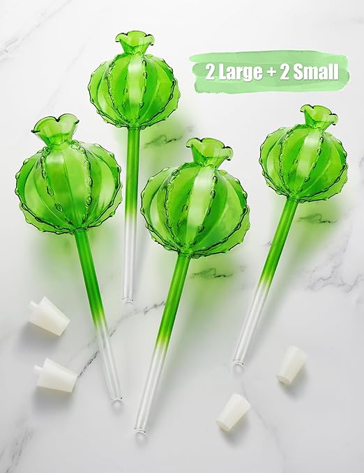 NiHome Plant Watering Globes 4-Pack (2 Small + 2 Large) Green Glass Cactus Self Watering Globe Glass Waterer for Potted Plants Automatic Mini Irrigation System Adorable Gardening Tool