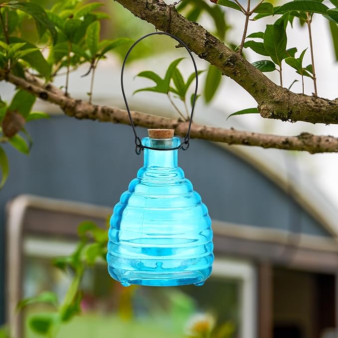 2 Pieces Glass Wasp Trap Outdoor Hanging Reusable Wasp Traps with Steel Hooks Yellow Jacket Catchers Trap for Outside Garden Farm Courtyard Garden Blue
