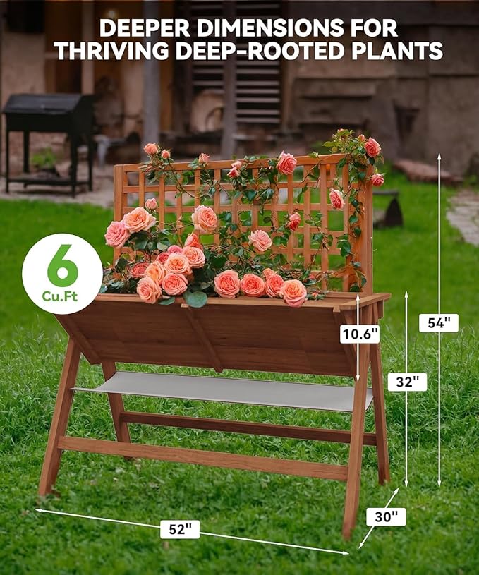 IDEALHOUSE 2-in-1 Raised Garden Bed with Legs Large Elevated Wooden Raised Planter Box with Vine Climbing Trellis-Standing Growing Bed for Growing Vegetables Flowers Herbs