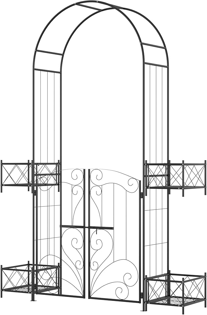 7' Garden Arch Arbor Metal Arch Trwith Gate Garden Archway for Climbing Vines Wedding Ceremony Decoration Black