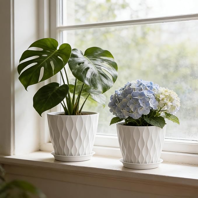 8 Inch Plant Pots with Saucers (4 Pack) - Modern Ribbed Flower Pots for Indoor Plants - Sturdy Decorative Planters for Snake Plant &amp Flowers - Drainage Holes (4 White)