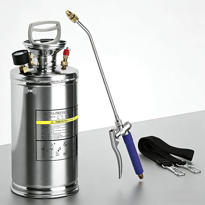 1 Gallon Hand Pump Sprayer 304 Stainless Steel Garden Chemical Sprayer with Pressure Gauge Adjustable Nozzle 13 Sprayer Wand 3.3ft Hose &amp Safety Valve
