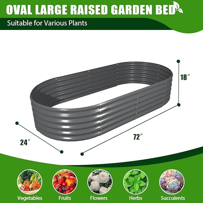 A ANLEOLIFE 2 Pcs 6X2X1.5 ft Oval Round Galvanized Raised Garden Beds Outdoor for Planting Vegetables Flowers Herb Quartz Grey