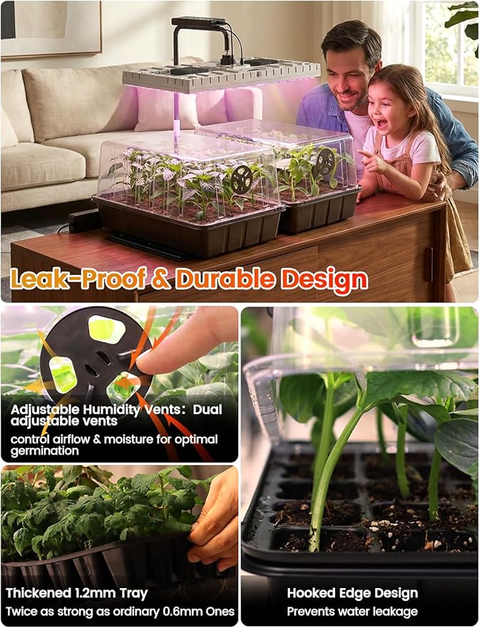 48W Full Spectrum LED Grow Light Seed Starter Kit 80-Cell Tray with 30W Heating Mat &amp Adjustable Dome Waterproof Germination System for Healthy Indoor Seedlings