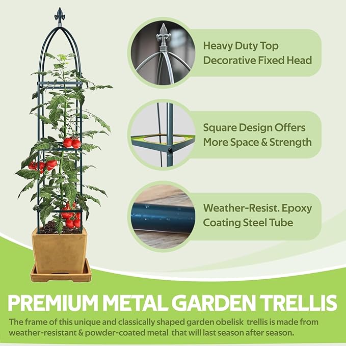 100% Metal Obelisk Trellis for Climbing Plants Outdoor &amp Indoor - Powder-Coated Thicken Steel Towering Plant Support - Weather-Proof Garden Trellis for Climbing Vine Vegetables &amp Flowers