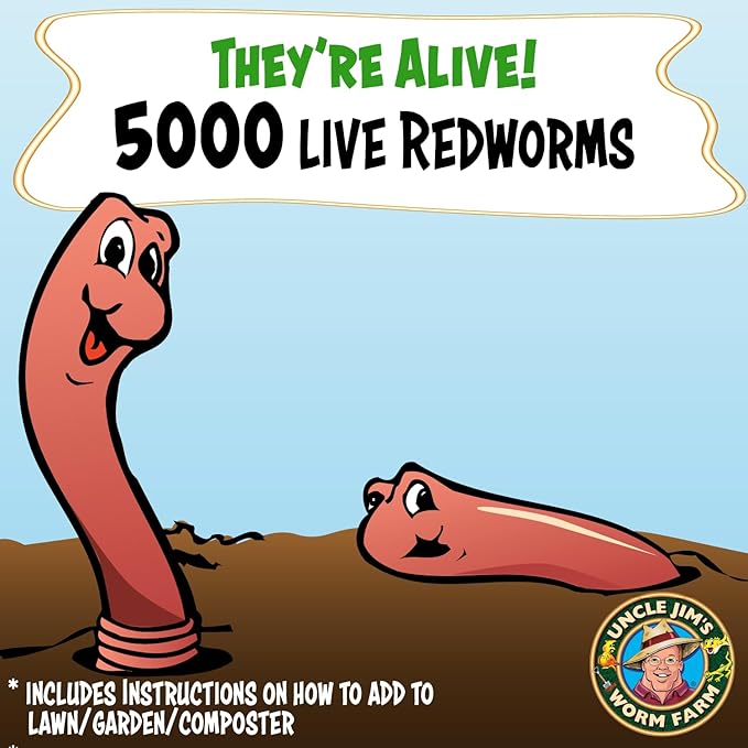 Uncle Jim's Worm Farm 5000 Count Red Wiggler Composting Worms Mix for Garden Soil or Fishing | Starter Pack of Compost Worms Improves Soil Structure and Quality for Healthier Gardens