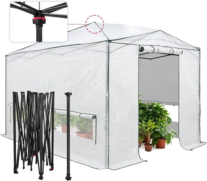 EAGLE PEAK 12x8 Portable Walk in Greenhouse Pop Up Indoor Outdoor Greenhouse Green House Kit with Zippered Roll-Up Doors Windows + Support Pole Woven Cover Translucent