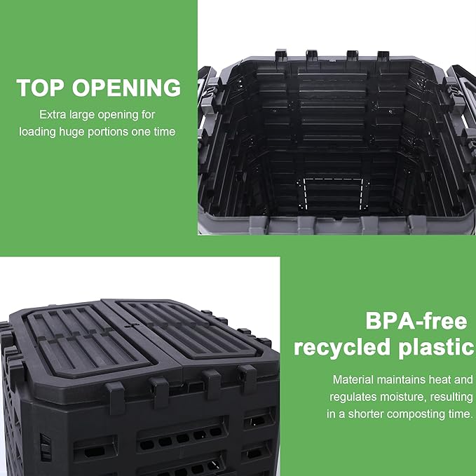 Black Garden Composter Bin - 132 Gallons of Recycled Plastic for Easy Assembly &amp Aerating Composting – Create Fertile Soil with Lightweight Outdoor Compost Box