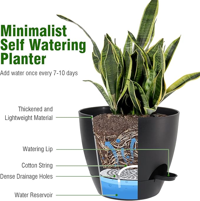 Large Self Watering Pots 12/10/9 Plastic Planters with High Drainage Holes and Deep Reservoir for Indoor Outdoor Garden Plants and Flowers Black