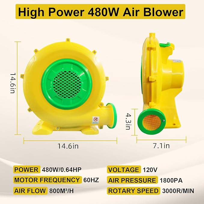 950W+480W High Power Air Blower for Inflatable Spray Booth Inflatable Bounce House Blower Portable Fan Pump Corded Commercial for Bouncy Castle Jumper Water Slide