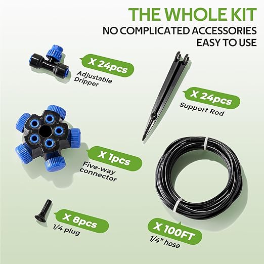 HIRALIY 100FT Garden Watering System Automatic Drip Irrigation Kit with Adjustable Flow Nozzles 5-Way Connector Plastic Material Modern Style Ideal for Lawn Patio Garden Raised Bed