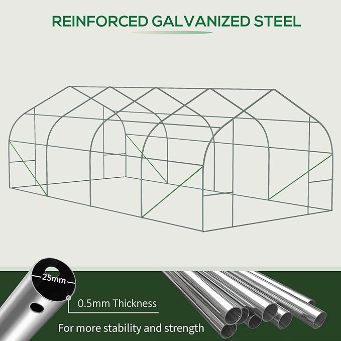 Outsunny 20' x 10' x 7' Walk-in Greenhouse Tunnel Green House with Zippered Mesh Door and 6 Mesh Windows Gardening Plant Hot House with Galvanized Steel Frame Green