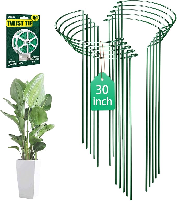 10 Pack 30 Inch Plant Support Stakes Heavy-Duty Half Round Peony Support Ring Cage Metal Garden Plant Stakes for Outdoor Plants - Peony Tomato Hydrangea with Cuttable Plant Ties