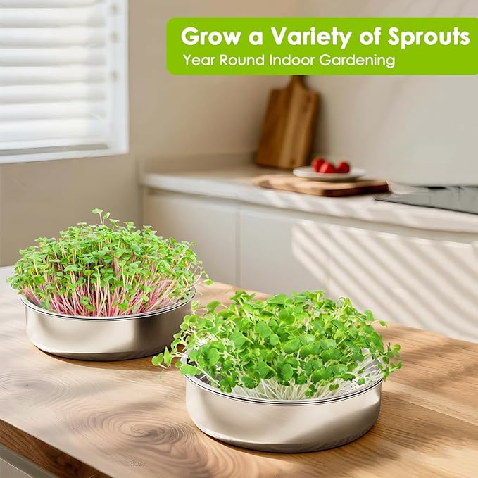 FANHAO 2 Pack Stainless Steel Seed Sprouter Trays Food-Grade Microgreens Growing Tray Soil-Free Cultivation Germination Tray for Indoor or Outdoor Sprouting Seeds Grow Grass Beans (Without Lids)