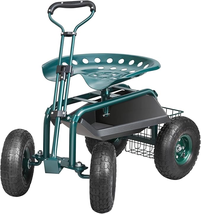 VEVOR Garden Cart Rolling Workseat with Wheels Gardening Stool for Planting 360 Degree Swivel Seat Wagon Scooter with Steering Handle &amp Utility Tool Tray Use for Patio Yard and Outdoors Gre