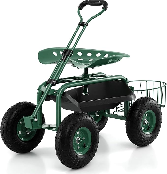 Garden Seat with Wheels Rolling Garden Stool with Extendable Handle Storage Basket &amp Tool Tray Garden Scooter with 360 Degree Swivel Seat for Outdoor Garden