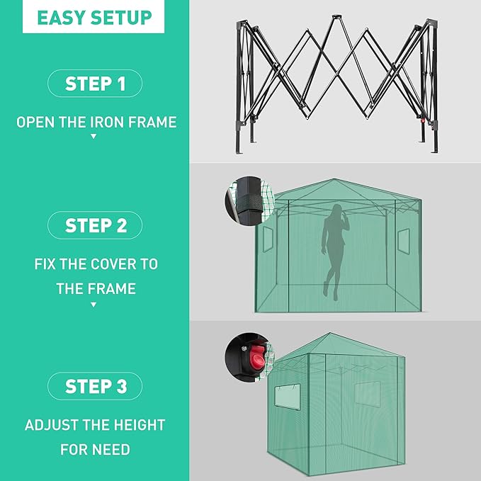 PexFix 6'x 5' Portable Walk-in Greenhouse Easy Setup Indoor/Outdoor 2 Roll-Up Mesh Windows Roll-Up Zipper Door Green