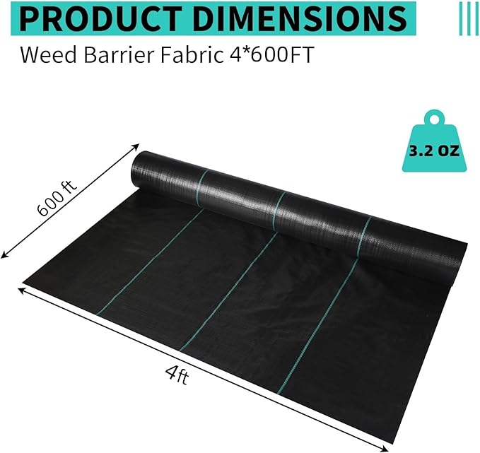 4ftx600ft Heavy Duty Weed Barrier Landscape Fabric – Durable Woven Driveway Garden Cloth for Weed Control Ground Cover Landscaping – Long-Lasting Geotextile Fabric – 3.2oz