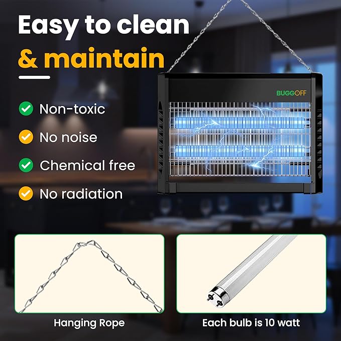 BUGGOFF Black Modern Indoor Electric Bug Zapper 800 SQFT Coverage 3500 Volts of Stunning Power 20 Watts Kills Mosquitos Gnats Flys &amp More. 5 Year Warranty X2 Free Replacment Bulb (4 Pack)
