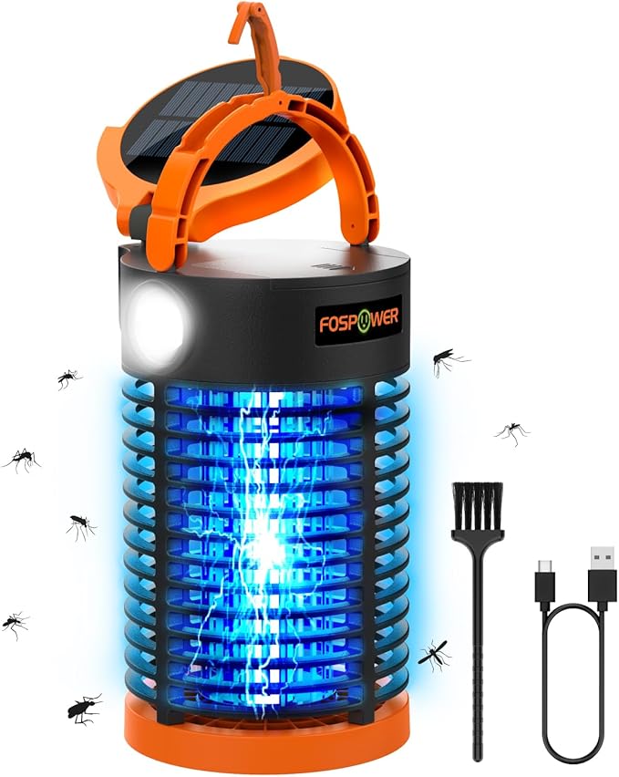 FosPower Bug Zapper Outdoor &amp Indoor (5-in-1) 3300V Mosquito Zapper with 29600mWh Power Bank Rechargeable USB/Solar Charging Flashlight Reading Light SOS Signal for Patio Camping Essentials