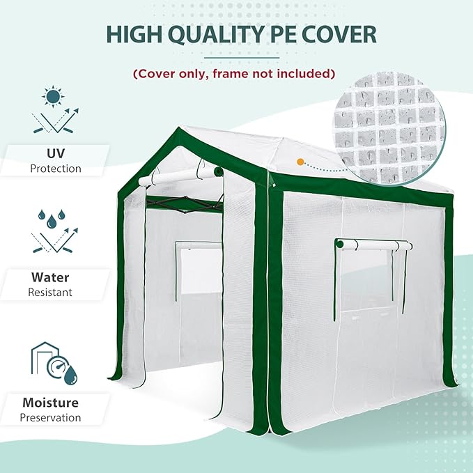EAGLE PEAK Replacement Cover for 8x6 Portable Pop up Greenhouse with Polyester Reinforced Corners Front Roll-Up Zipper Entry Door and 3 Large Roll-Up Side Windows (Frame Not Included) Green/White