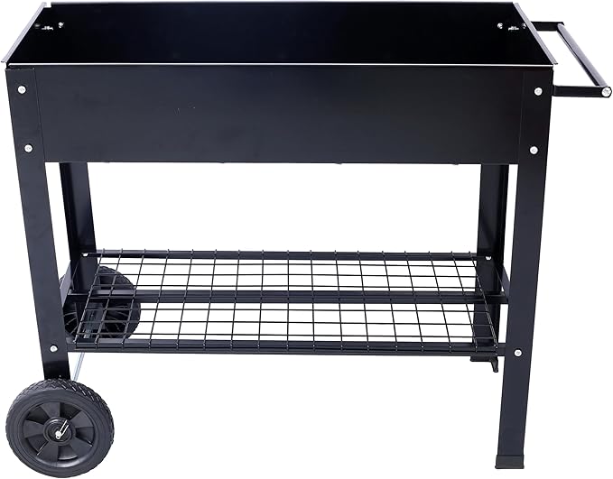 Elevated Mobile Raised Ergonomic Metal Planter Garden Bed with Wheels Storage Shelf and Drainage Holes 42.25x19.5x31.5 Black