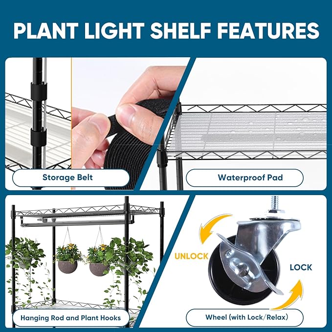 Plant Shelf with Grow Light 4-Tier Metal Grow Light Shelf with Hanging Rod and Adjustable Rack3-Pack 6000K T12 LED Full Spectrum Grow Lights for Seed Starting Succulents Built-in Timer