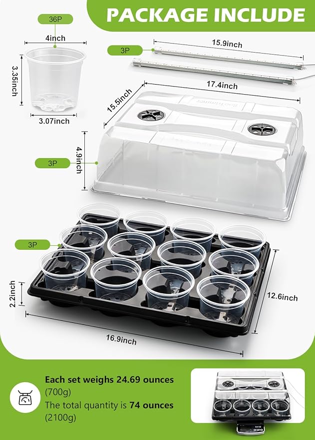 3 Pack 12 Cell Seed Starting Trays with Clear Domes and Growing Lights &amp 4 Inch Clear Seedling Pots 36 Pack Plant Nursery Faster Propagation Kit 3 Sets for Seeds Vegetables Herbs