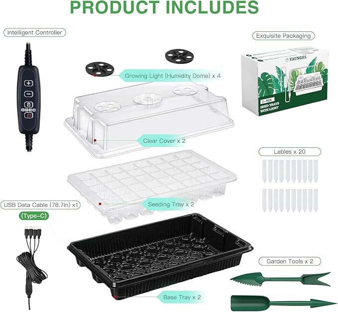 YAUNGEL Seed Starter Tray with Grow Light Seed Starter Kit with Timing Controller Adjustable Brightness 80 Cells Seed Trays for Indoor Planting with Humidity Domes Heightened Lids 2 Pack Black