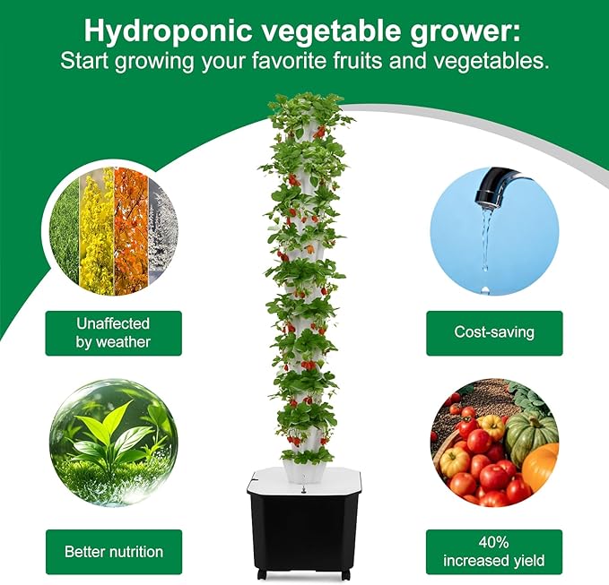 Hydroponic Grow System 10 Tiers 50 Holes Mobile Hydroponic Growing Kit with Water Pump &amp Timer Indoor Outdoor Vertical Garden Kit for Leafy Vegetables Strawberries on Balcony Home Office Whi